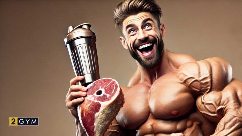 Optimal protein intake strategies. On the picture а humorous bodybuilder with exaggerated muscles, holding a large lamb leg in one hand and a protein shaker in the other, smiling widely.